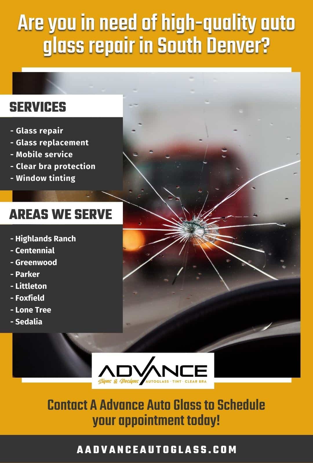 M17978 - A Advance Auto Glass - Areas We Serve infographic about auto glass services